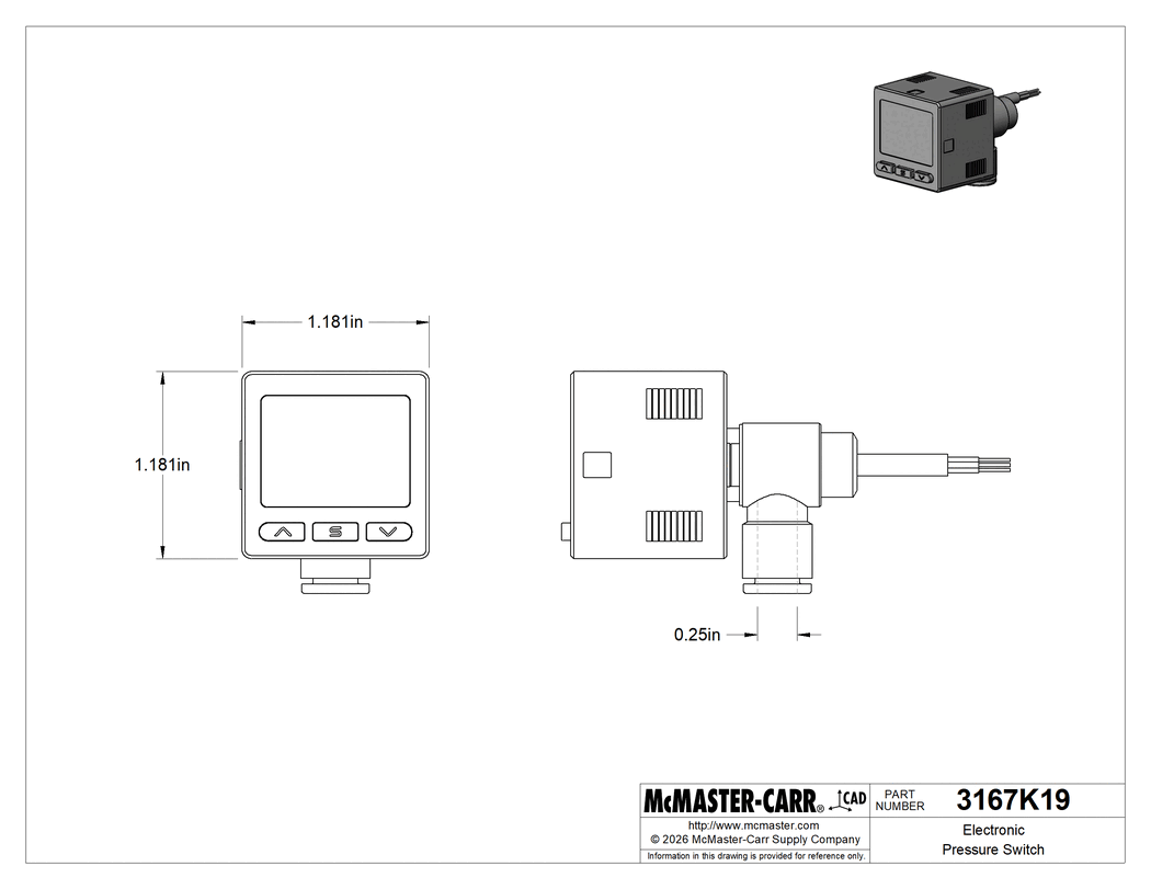 Technical Drawing of Electronic Pressure Switch, for Compressed Air, NPN, 1/4" Female Push-to-Connect.